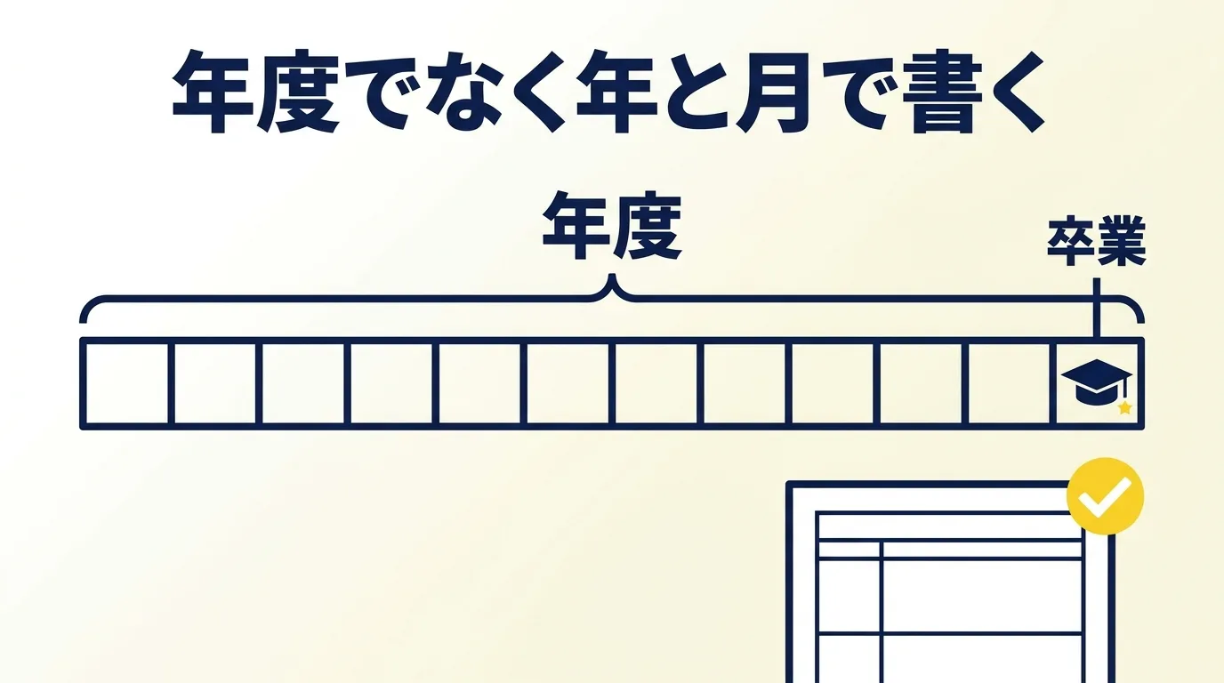 学校の年度は卒業月で終わり、履歴書の学歴欄には年度ではなく卒業した年と月を書くことを示した図