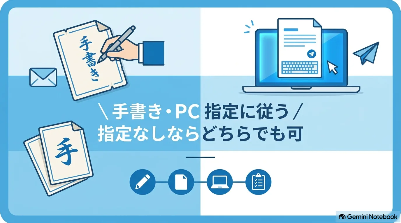 手書きの履歴書とノートパソコンに表示した履歴書を並べたイラスト。「手書き・PC 指定に従う/指定なしならどちらでも可」