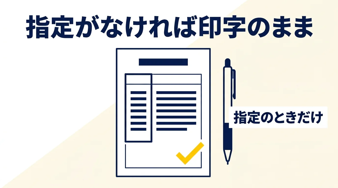 パソコンで作った履歴書は指定がなければ氏名も印字のままでよく、手書きは指定のときだけでよいことを示した図