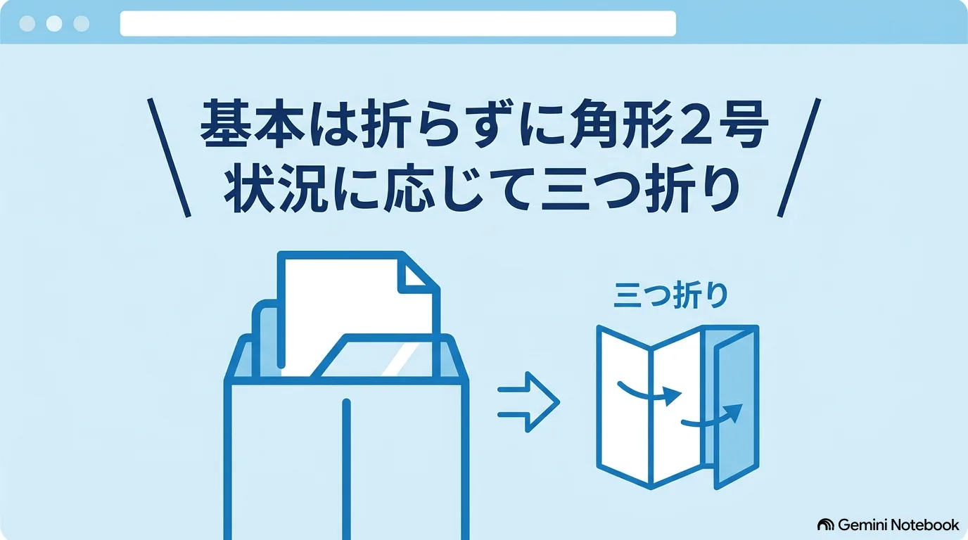 書類を折らずに封筒へ入れる図と、三つ折りの図。「基本は折らずに角形2号/状況に応じて三つ折り」