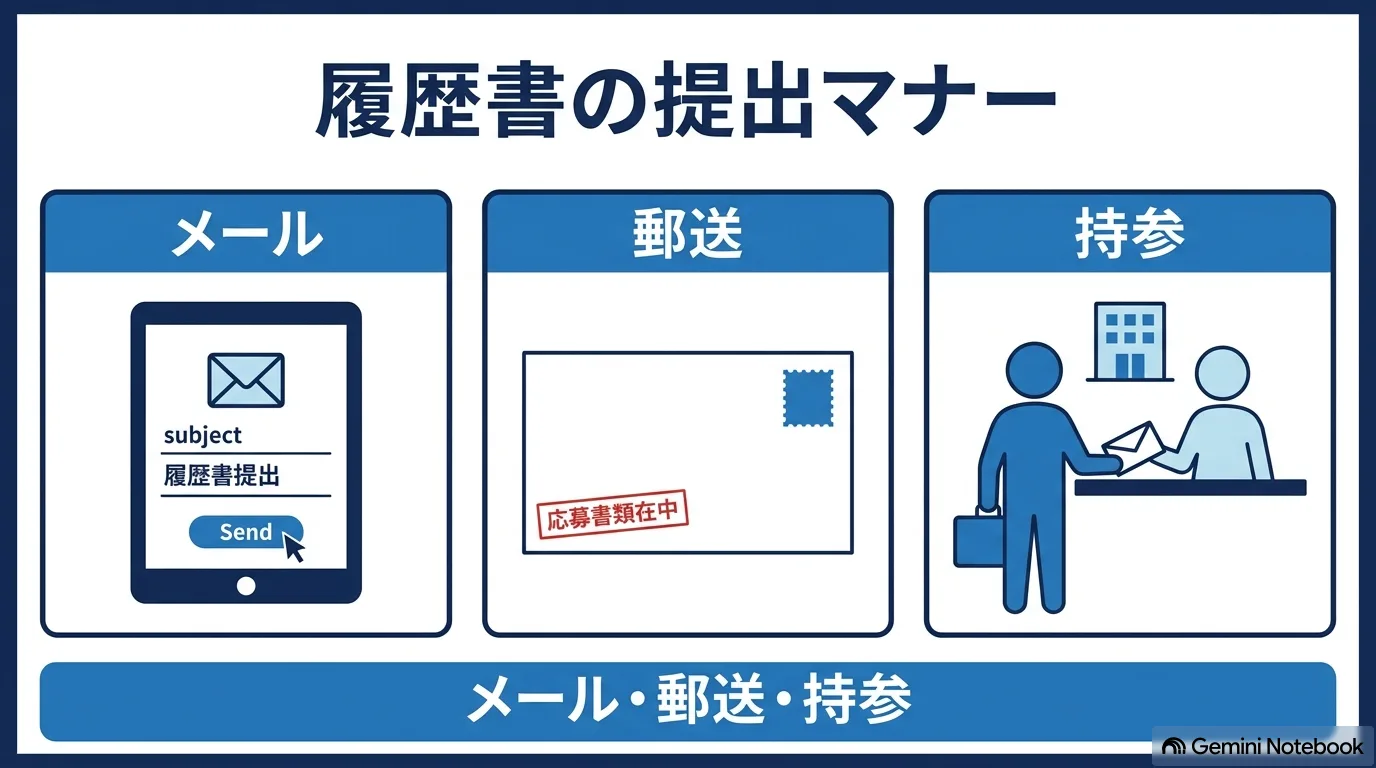 メール送信の画面、「応募書類在中」と書いた封筒、受付で書類を手渡す場面を並べたイラスト。「メール・郵送・持参」