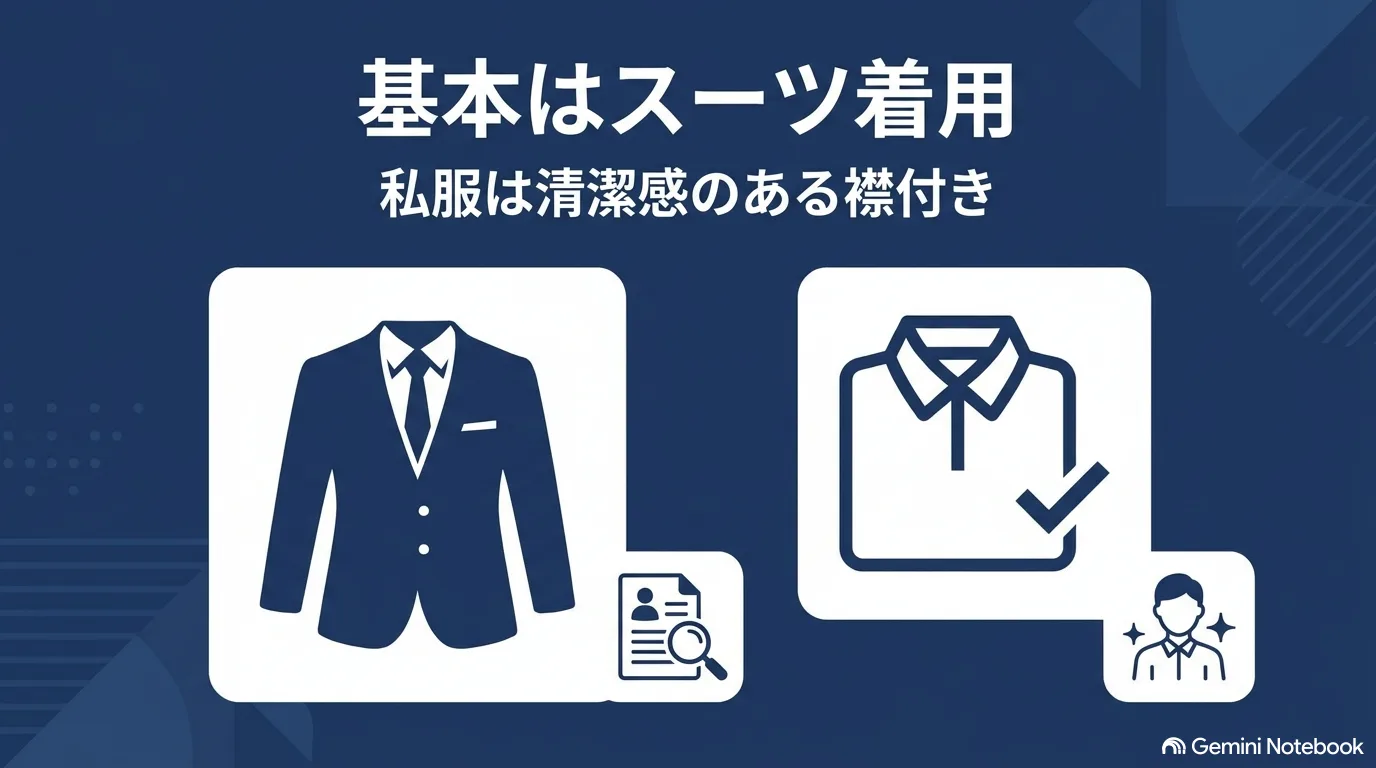 スーツのジャケットと襟付きシャツのアイコン。「基本はスーツ着用/私服は清潔感のある襟付き」