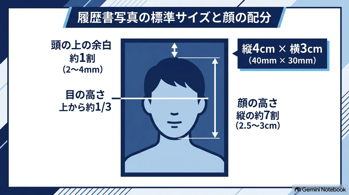 証明写真の枠に顔のシルエットを置き、縦4cm×横3cm・頭の上の余白・目の高さ(上から約1/3)・顔の高さ(縦の約7割)を示した図