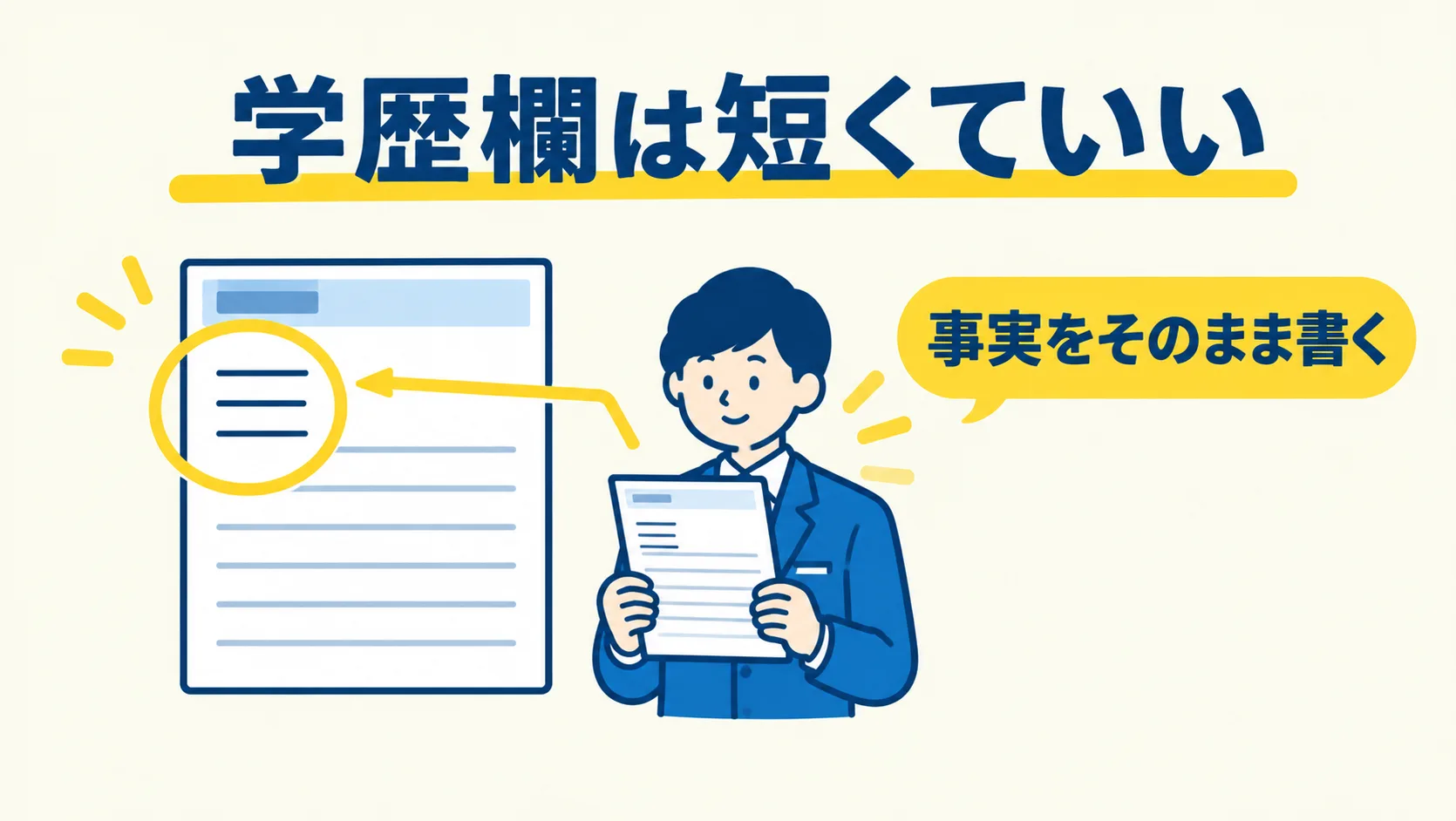数行だけ書かれた学歴欄と履歴書を持つ人を並べ、学歴欄は短くてよく事実をそのまま書くことを示した図
