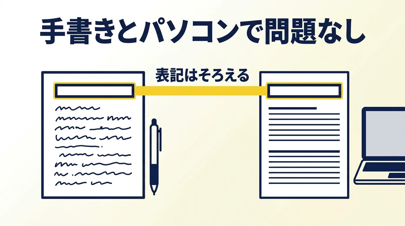 履歴書は手書き、職務経歴書はパソコンでも問題なく、氏名などの表記は2枚でそろえることを示した図