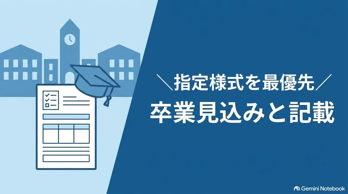 校舎を背景に、卒業帽を載せた履歴書のイラスト。「指定様式を最優先／卒業見込みと記載」