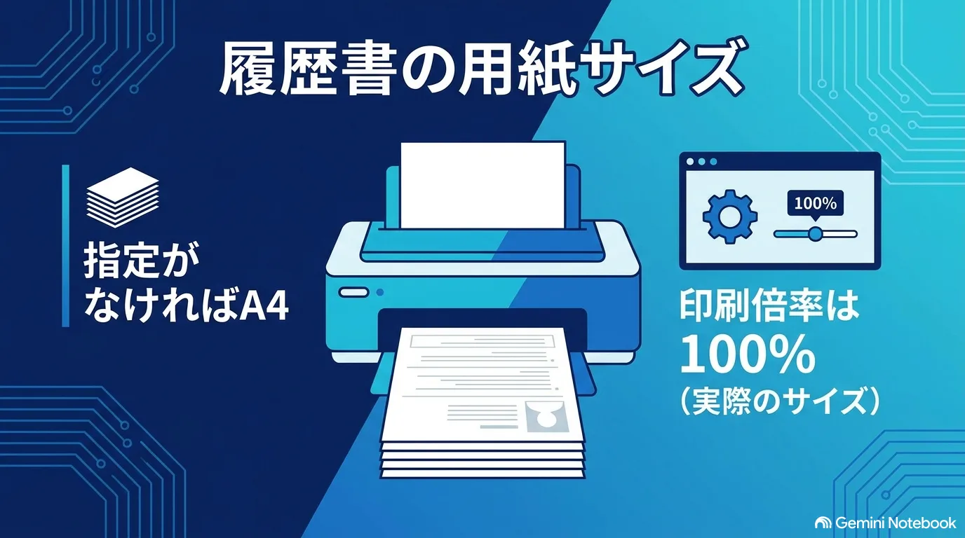 プリンタから履歴書が出ている図。指定がなければA4、印刷倍率は100％（実際のサイズ）と示している