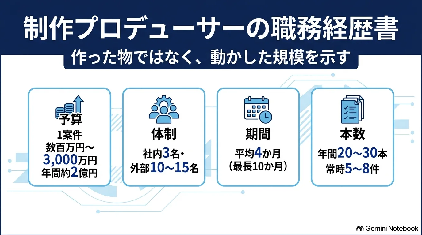 予算・体制・期間・本数の4項目に、扱った規模を数字で書いた例を並べたイラスト。「作った物ではなく、動かした規模を示す」
