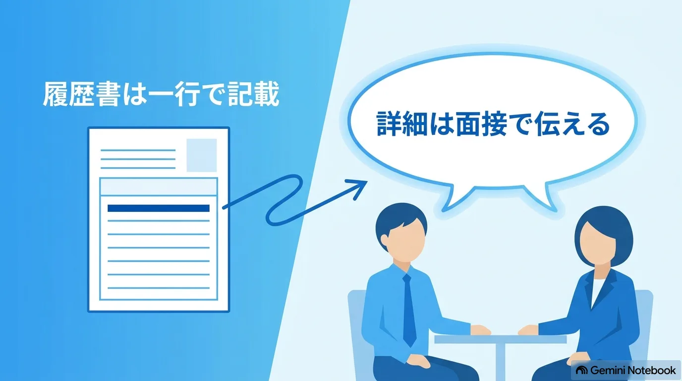 履歴書と面接の場面を並べたイラスト。「履歴書は一行で記載」「詳細は面接で伝える」