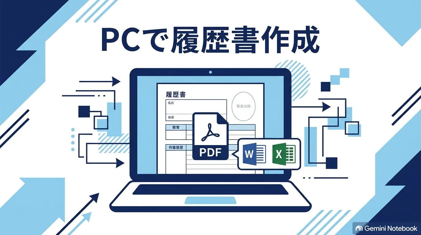 ノートパソコンの画面に表示された履歴書と、PDF・Word・Excelのアイコン