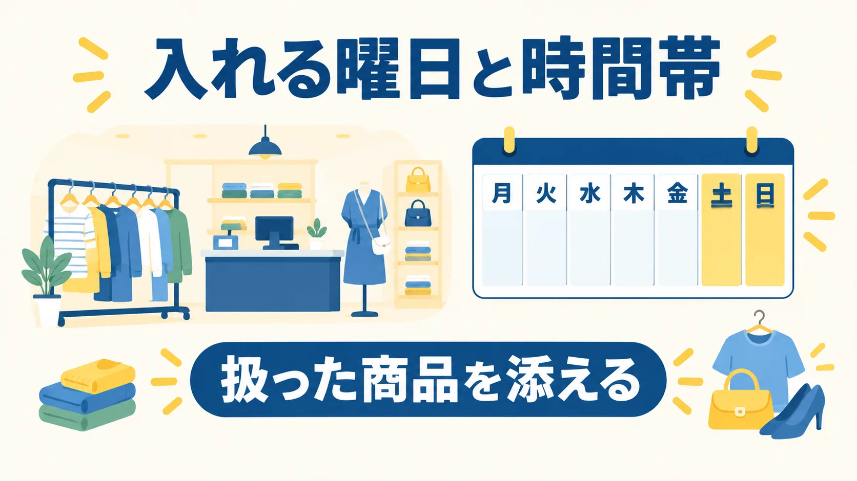 衣料品店の売場と、土日を強調した曜日の表を並べ、扱った商品を添えると示した図
