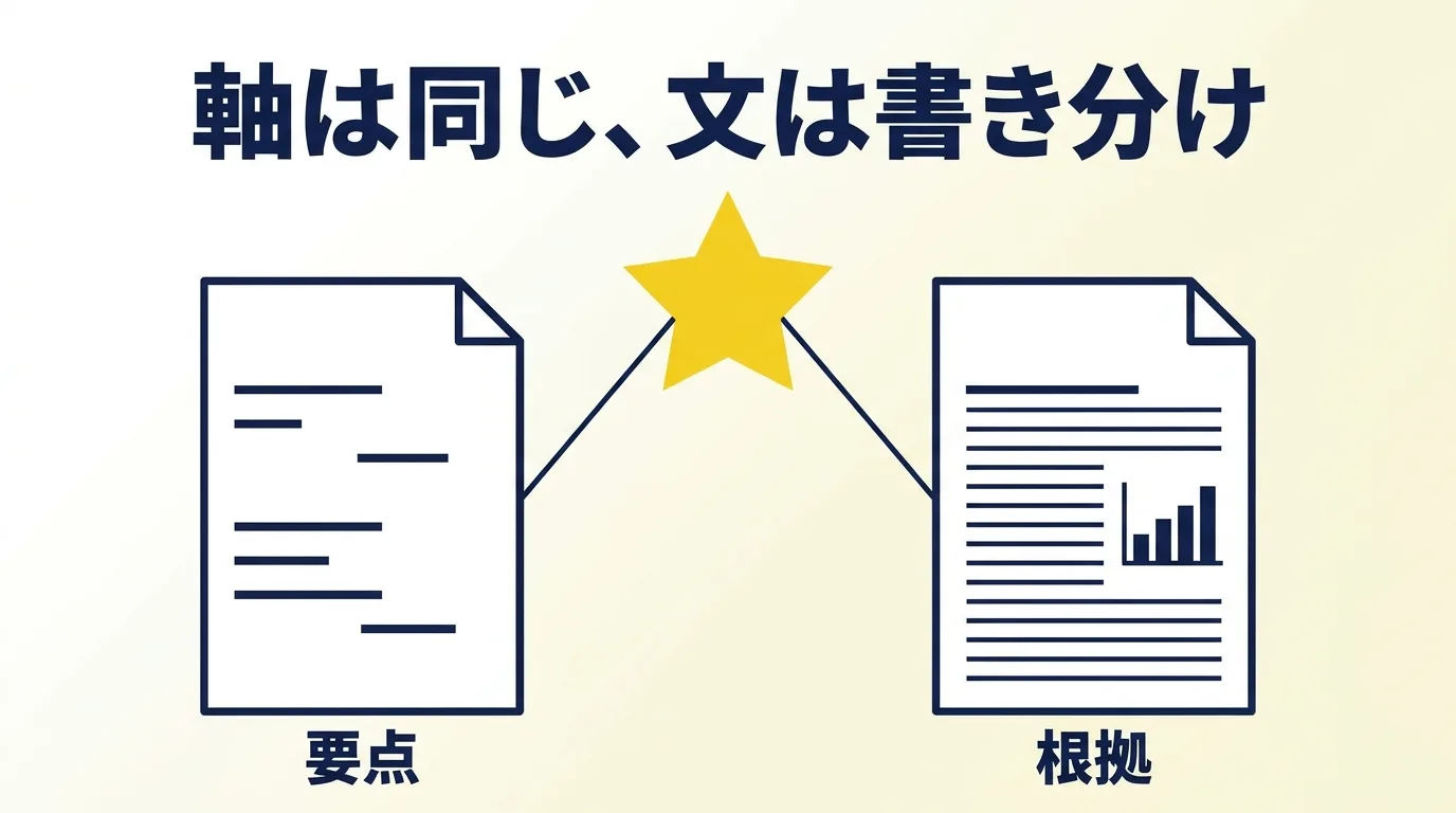 自己PRは軸を同じにして、履歴書には要点、職務経歴書には根拠を書き分けることを示した図