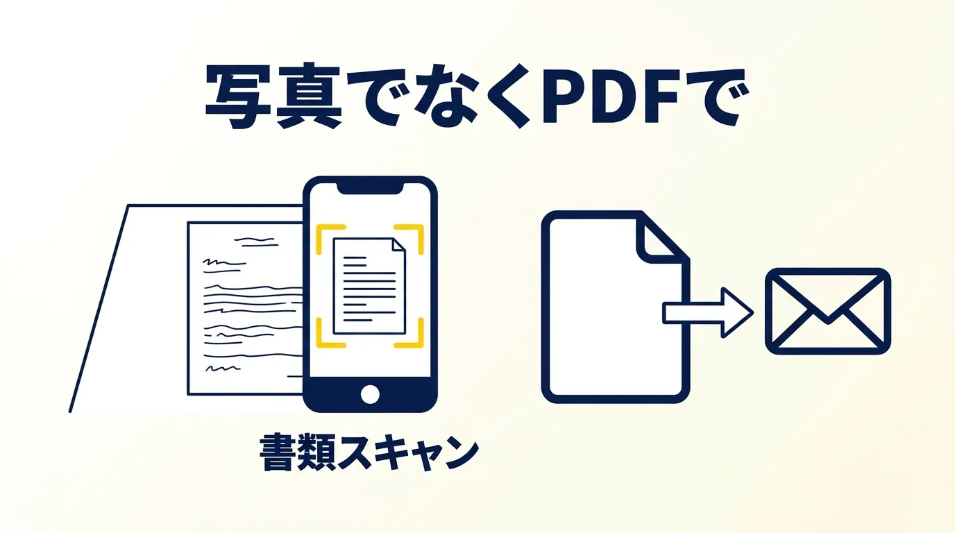 手書きの履歴書はカメラの写真ではなく、書類スキャンでPDFにしてメールに添付することを示した図