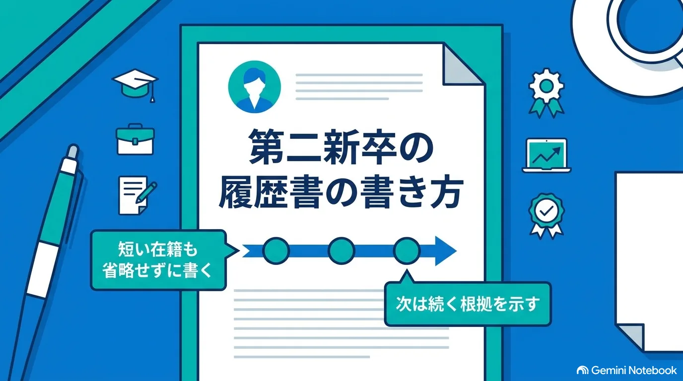 履歴書の上に時間の流れを引き、短い在籍も省略せずに書くこと、次は続く根拠を示すことを添えた図