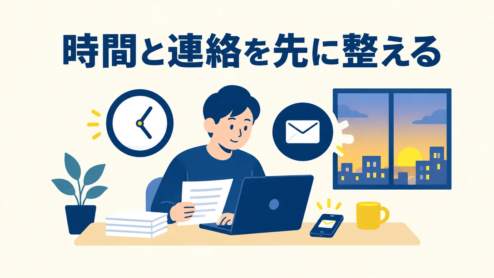 夕方の机でノートパソコンに向かい応募書類を整える人物と、時計とメールのアイコンを描いた図