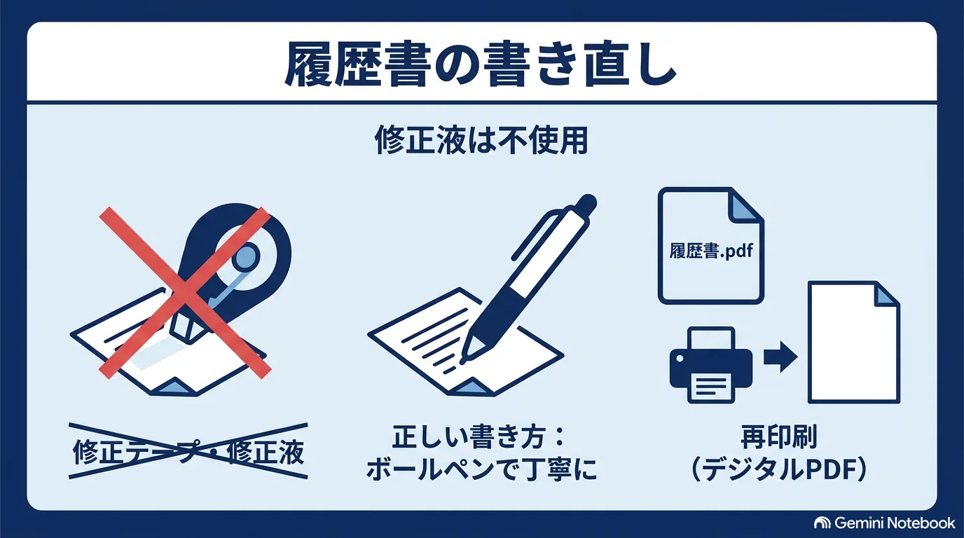 修正テープに×印、ボールペンで書く用紙、PDFの再印刷を並べたイラスト。「修正液は不使用」