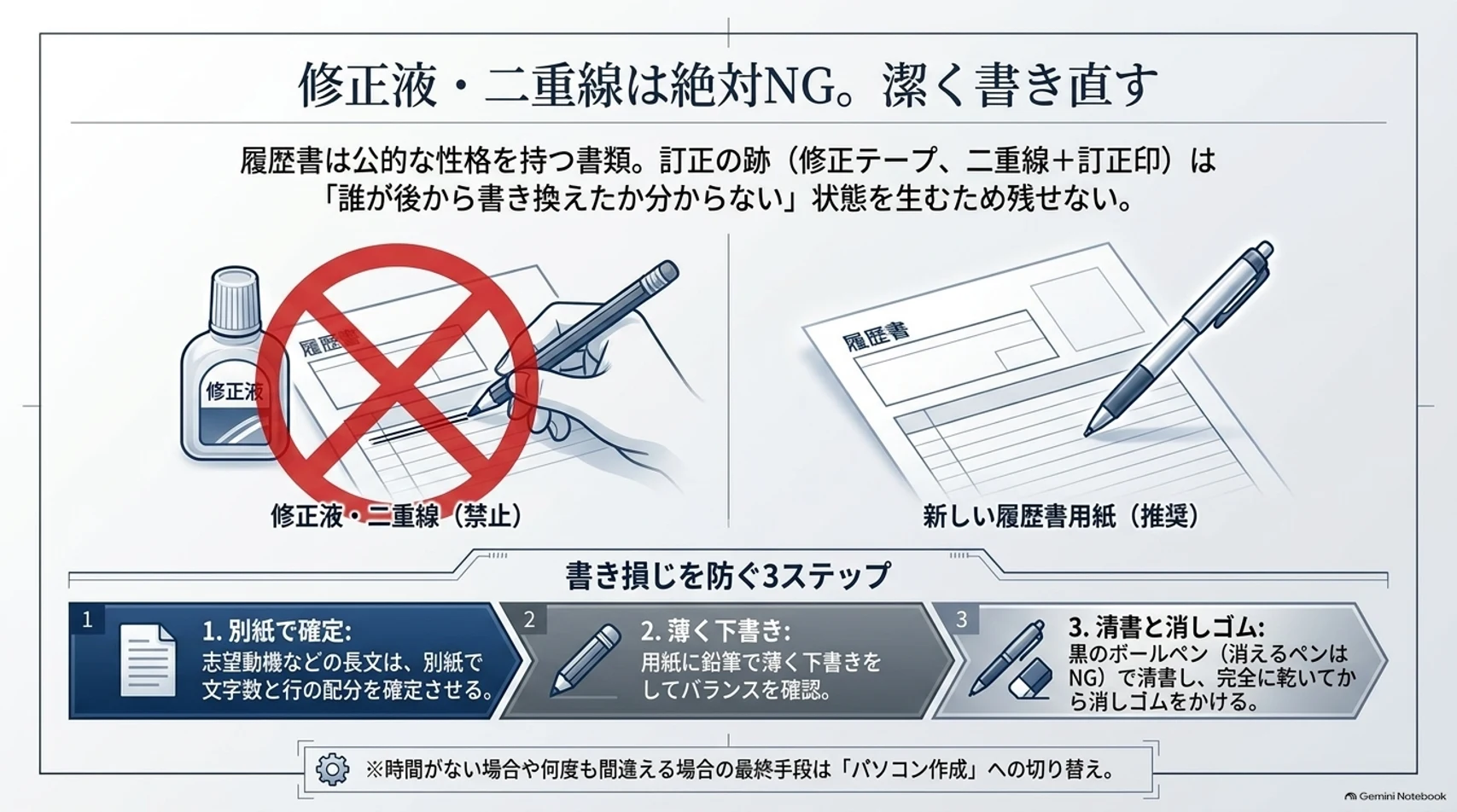 図解:修正液・二重線は使わず、新しい用紙に書き直す。書き損じを防ぐ3ステップは、別紙で文章を確定する、鉛筆で薄く下書きする、黒のボールペンで清書して乾いてから消しゴムをかける