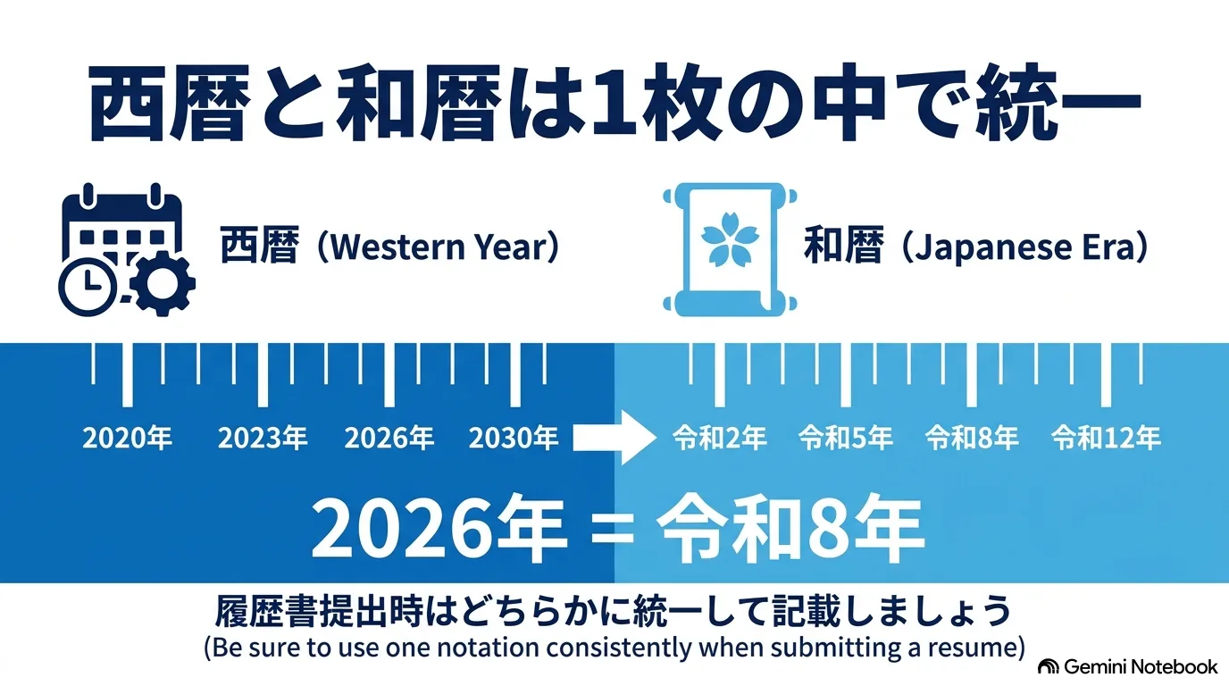 西暦と和暦の対応を示す年表のイラスト。「西暦と和暦は1枚の中で統一」「2026年＝令和8年」